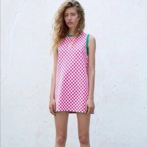 Zara Plaid Checkered Hot Pink Sleeveless Knit Mini Dress